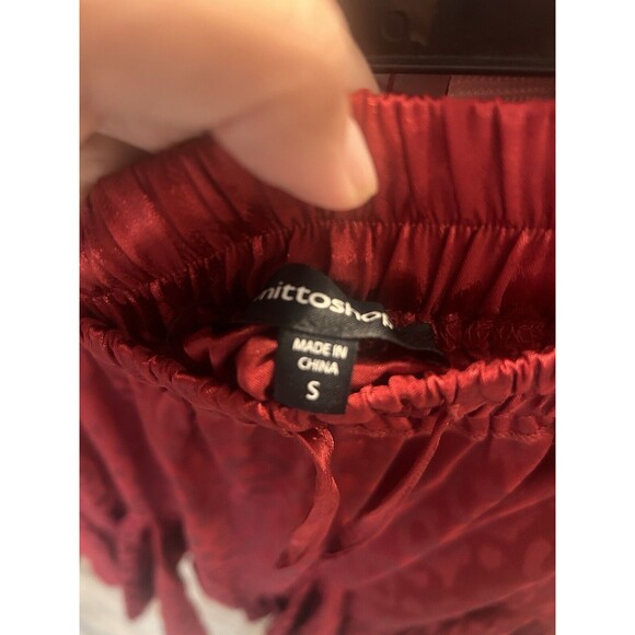 Deep Burgundy Red Leopard Print Satin Ruffle Mini Skirt Elastic Waist Size Small - Picture 3 of 5